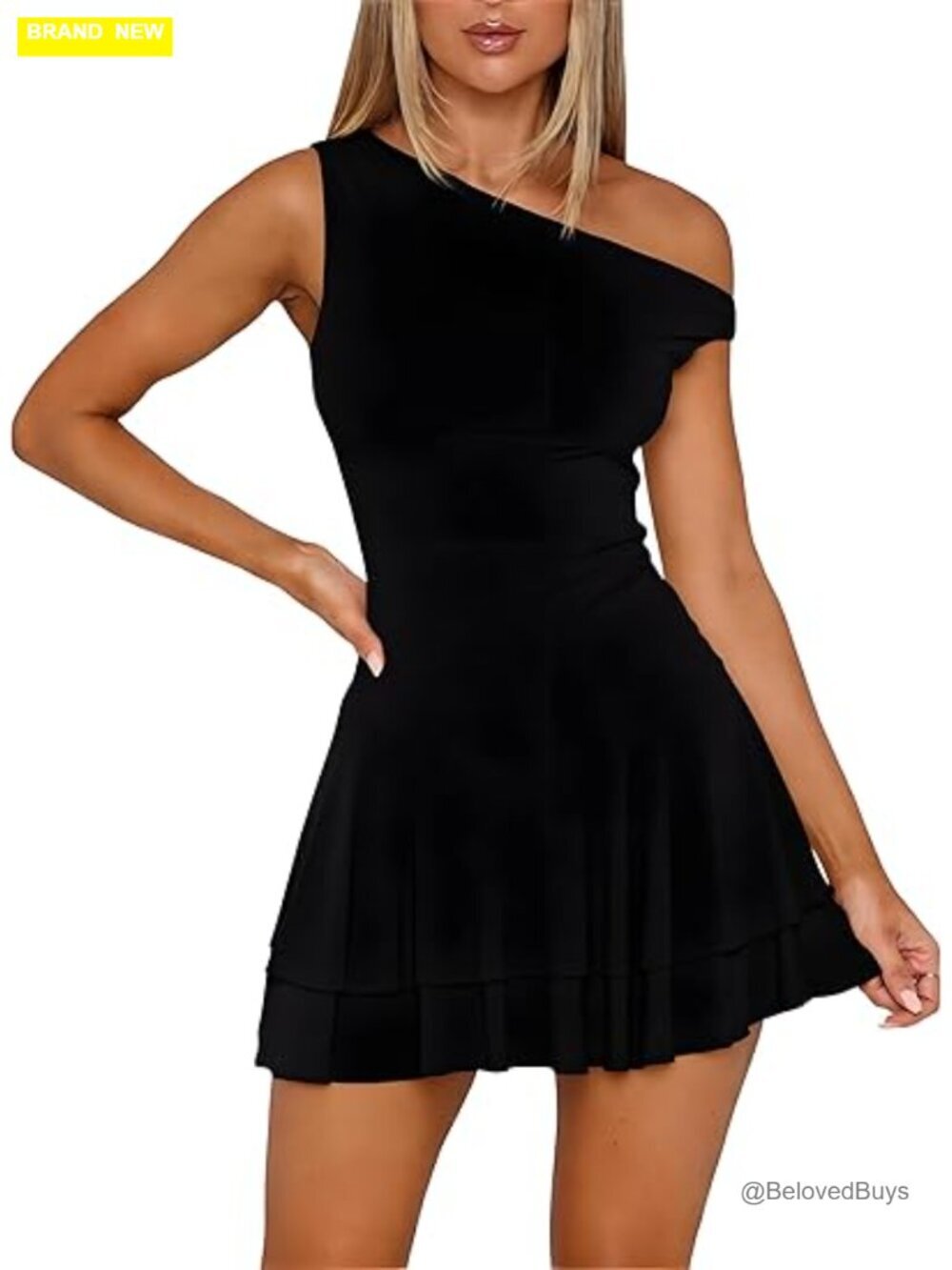 Off Shoulder Bodycon Mini Dress Sleeveless Ruffle Hem Party Club Dress